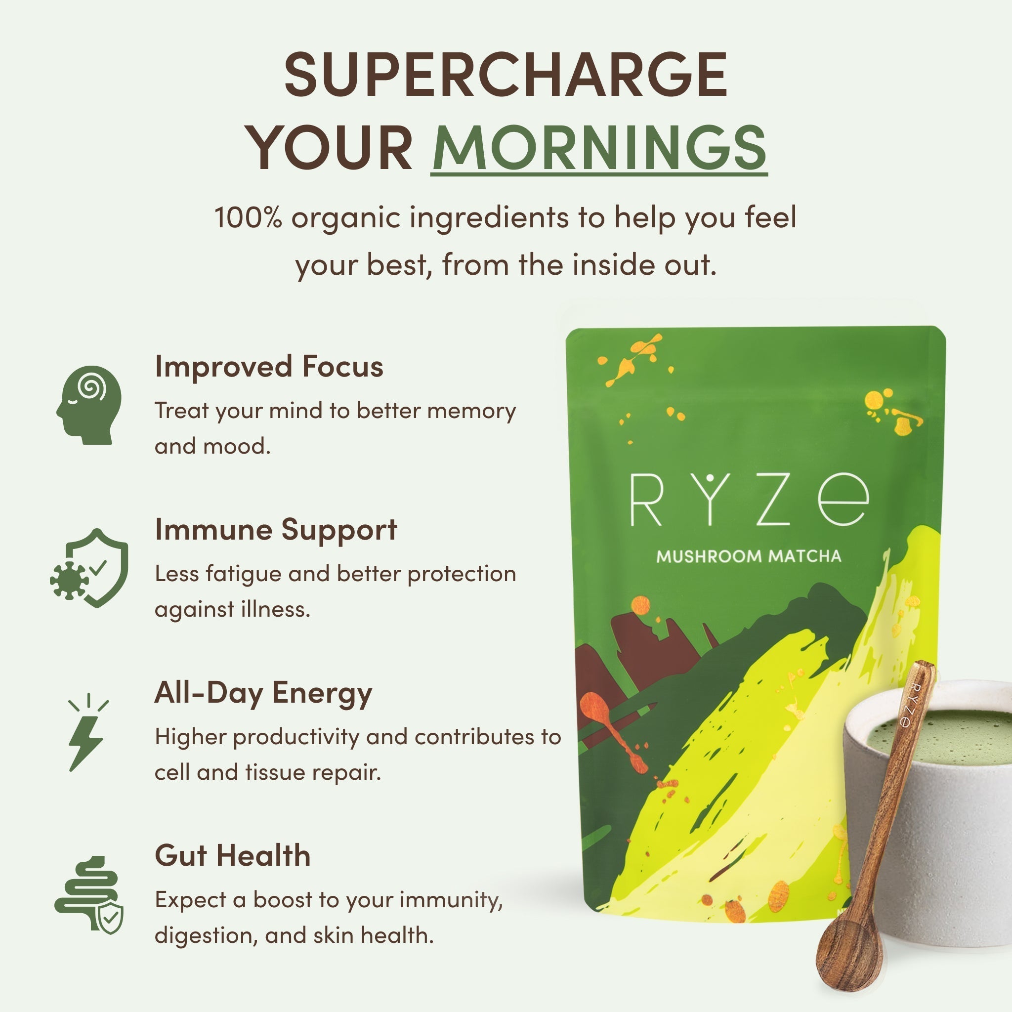 RYZE Mushroom Matcha — Organic Instant Matcha Latte with Lion's Mane & King Trumpet, 30 Servings T4