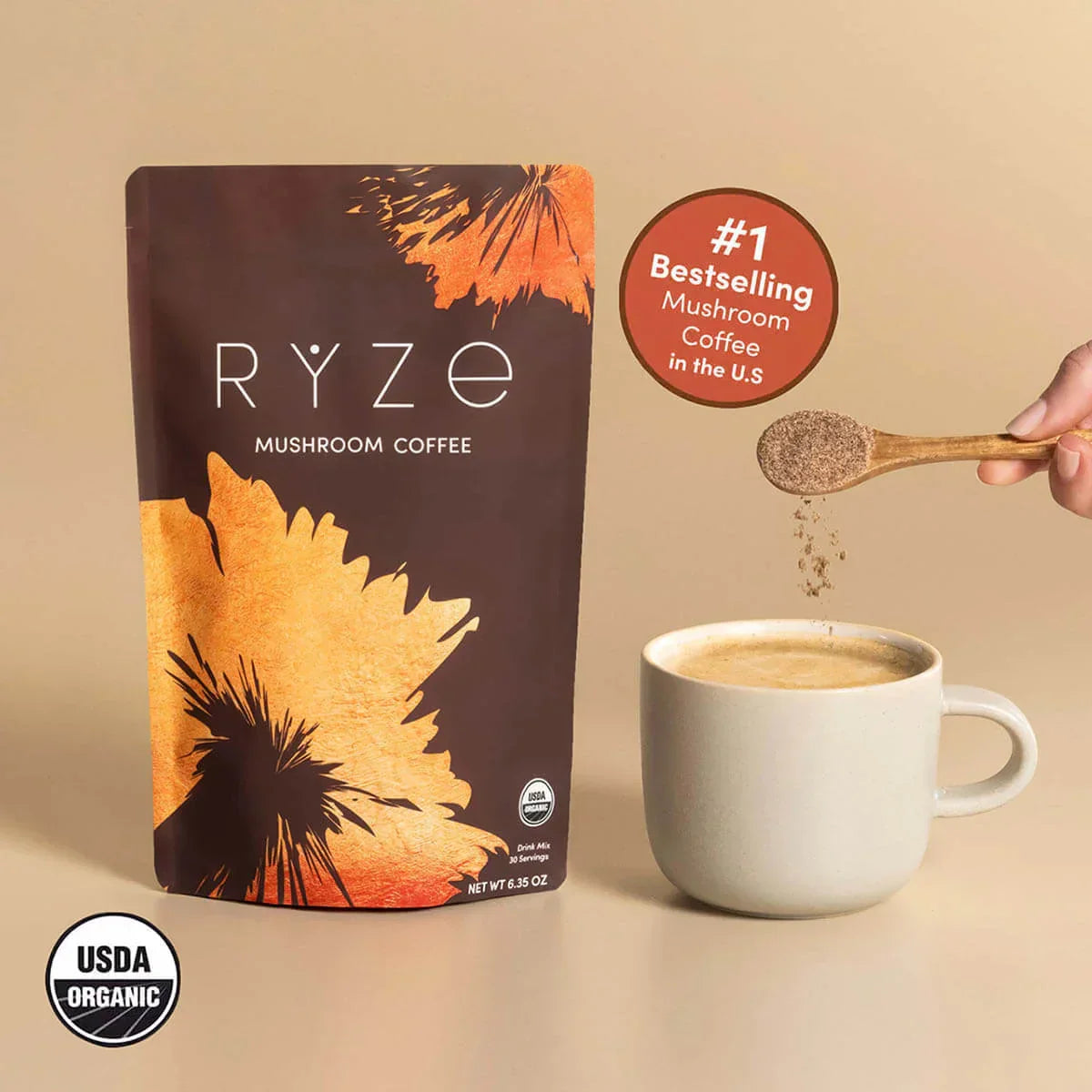 RYZE Mushroom Coffee — Organic Instant Coffee with Cordyceps & Reishi, 30 Servings J8