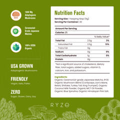 RYZE Mushroom Matcha - with 6 Organic Adaptogenic Mushrooms Grown In USA and Ceremonial-Grade Japanese Matcha R5